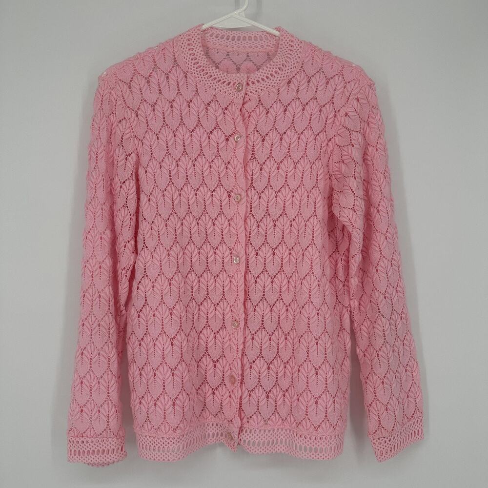 Vintage Knit Cardigan Womens SMALL Lace Crochet Button Up Sweater 90s Retro